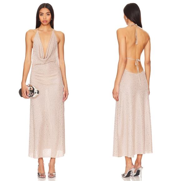 Retrofete Saar Crystal Embellished Cowl Neck Open Tie Back Midi Dress Size Small - Picture 1 of 6